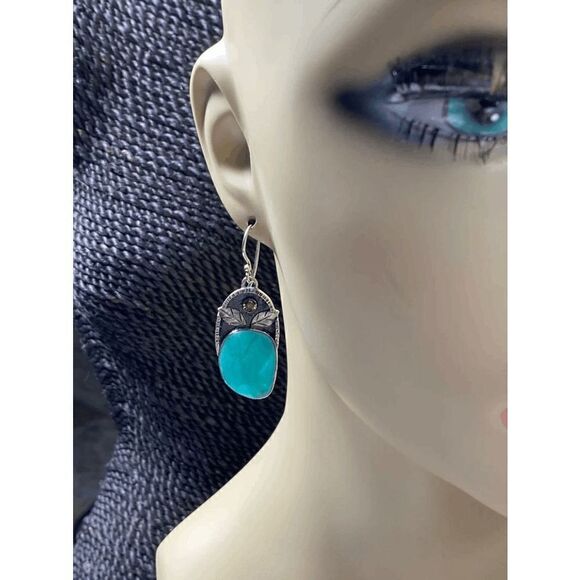 SILVER TURQUOISE RUBY LEAF WESTERN BOHO DANGLE EARRINGS - Picture 5 of 5